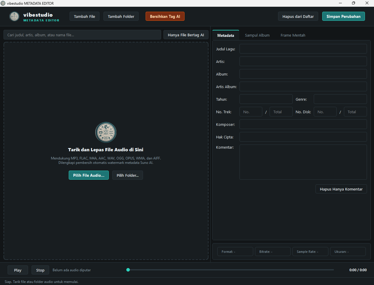 Tampilan Vibe Studio Metadata Editor