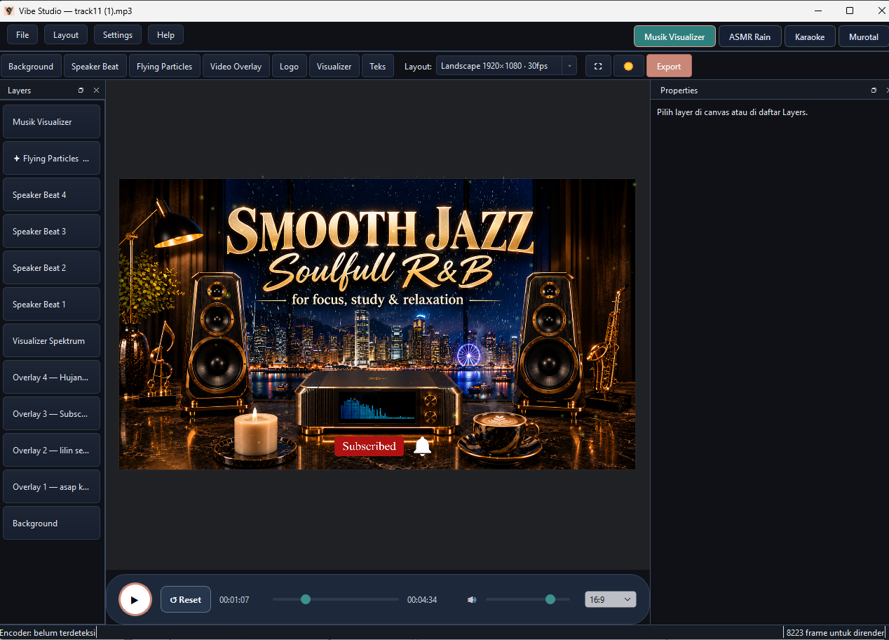 Ruang kerja Vibe Studio dengan proyek Smooth Jazz, daftar layer, visualizer, dan empat mode kreasi.